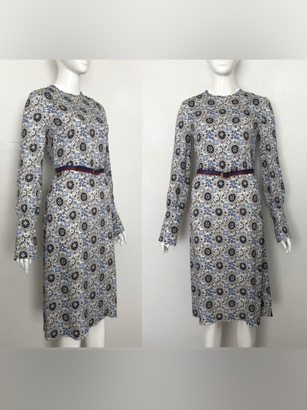 NWT LOUIS VUITTON WHITE & BLUE SILK MONOGRAM DRESS WITH LEATHER BELT SIZE 36